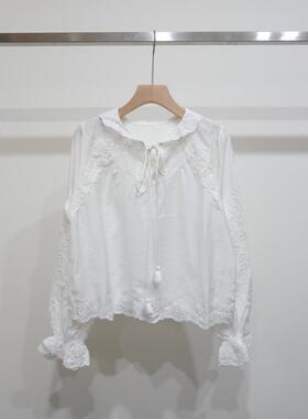 2026年夏季新款休闲风白色花边衬衫女长袖宽松荷叶领系带百搭上衣