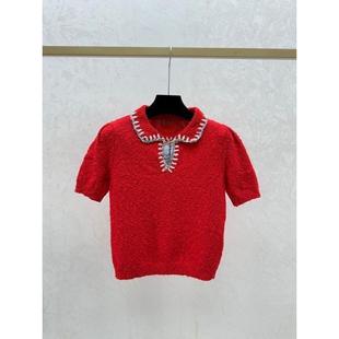 针织t恤红色针织短袖 翻领v领泡泡袖 女套头减龄上衣 新款 2026年春季