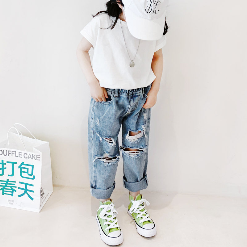 lili家儿童夏款日系休闲破洞牛仔裤男女宝宝防晒裤子重工洗水潮裤