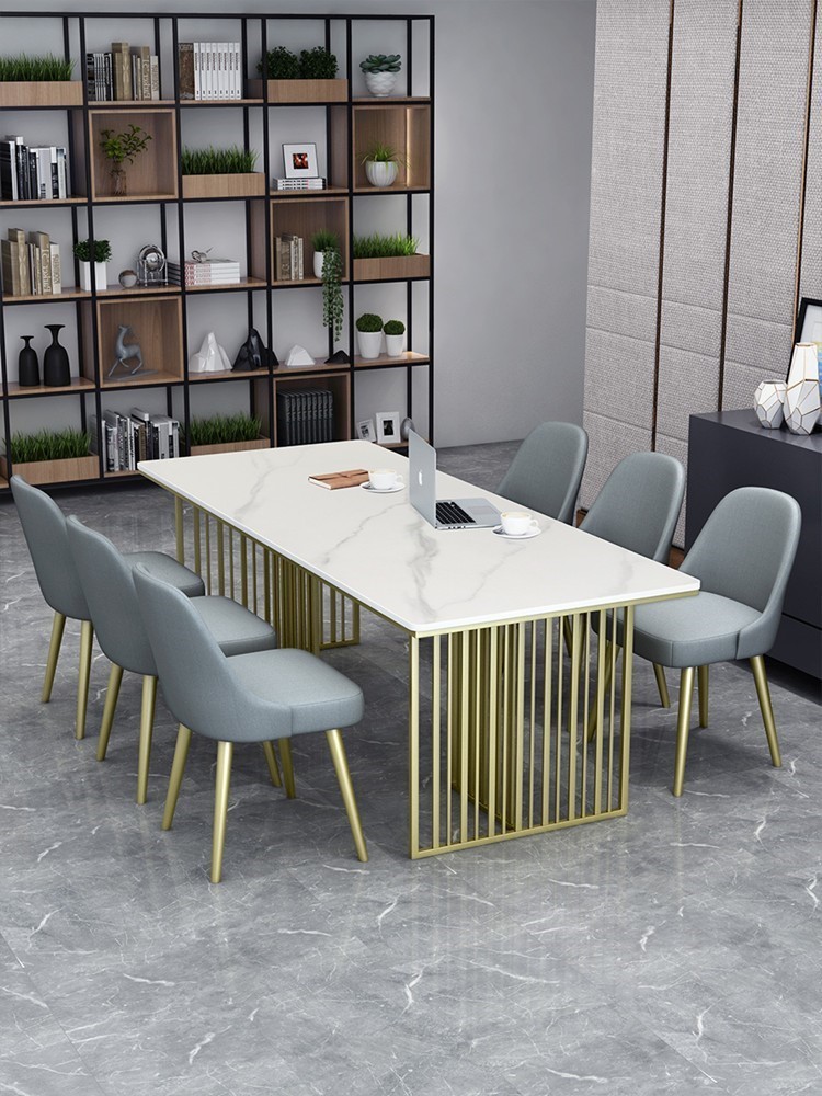 白色桌椅组合白色长桌会议桌岩板