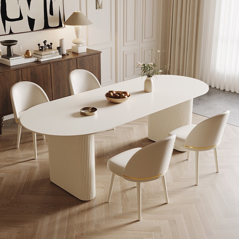 奶油风家用岩板椭圆形餐桌小户型
