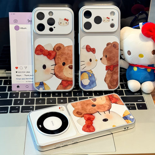 油画贴贴对视小熊新款适用苹果18pro手机壳iPhone17max16小米17华为mate70pura90K80reno15荣耀400x200magic7