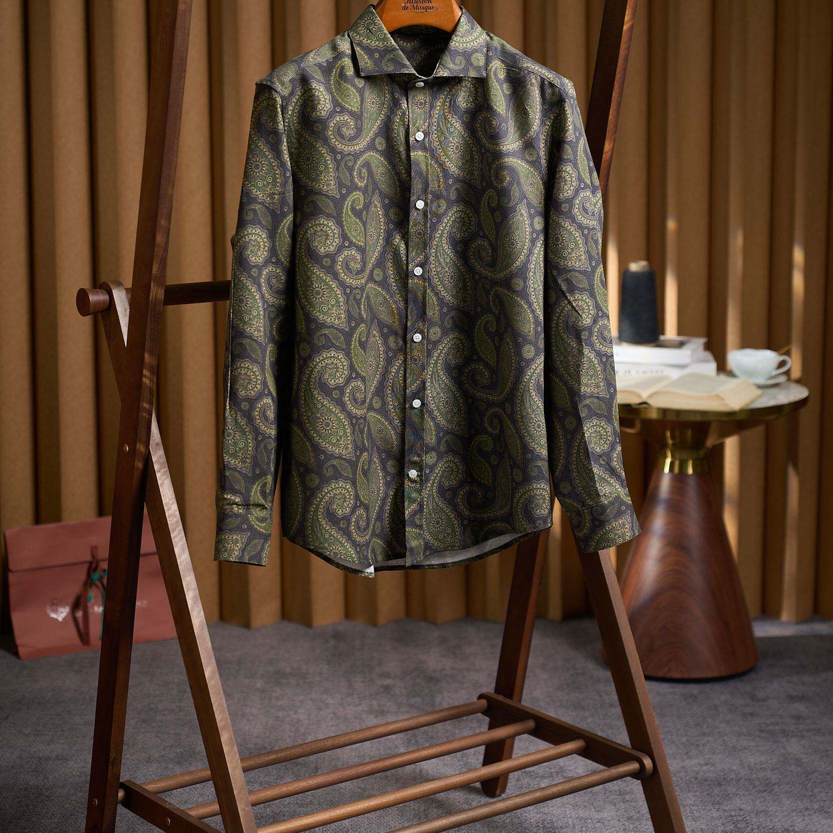 腰果印花男老钱风商务休闲长袖衬衫40%亚麻60%莱赛尔单穿外穿均可