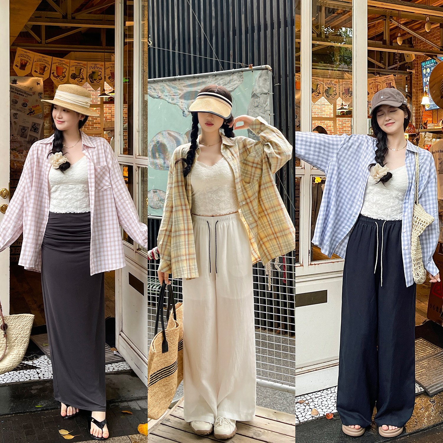 TAKIYAS SHOP格子衬衫/蕾丝吊带/休闲裤