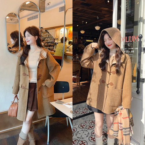 TAKIYAS SHOP 格纹双面呢连帽大衣