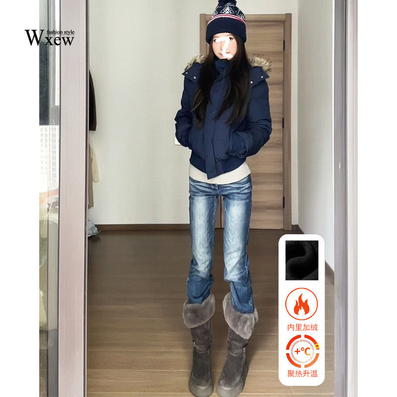 美式窄版直筒牛仔裤女2025秋冬新款加绒水洗毛须弹力显瘦微喇叭裤