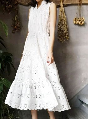 新款白色沙滩度假刺绣长裙子温柔少女心仙女裙连衣裙H04A08