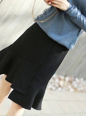 新款时尚不规则黑色荷叶边半身裙优雅半裙小黑裙女H37A05