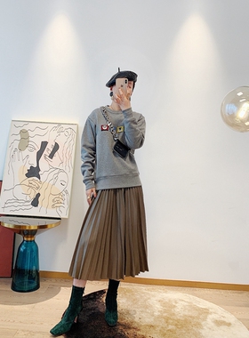 大地色~柔软PU仿真皮革百褶裙女中长款半裙黑色H47Z20