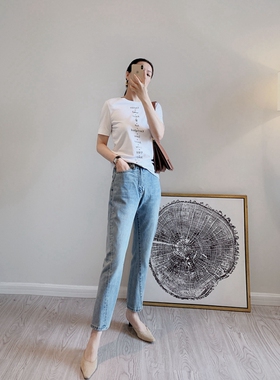 ins超火~北欧高腰时髦复古 显瘦风九分萝卜直筒牛仔裤女S03Z43