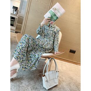 真丝法式田园仙气质碎花 蚕丝木耳边长袖连衣裙长裙H1103