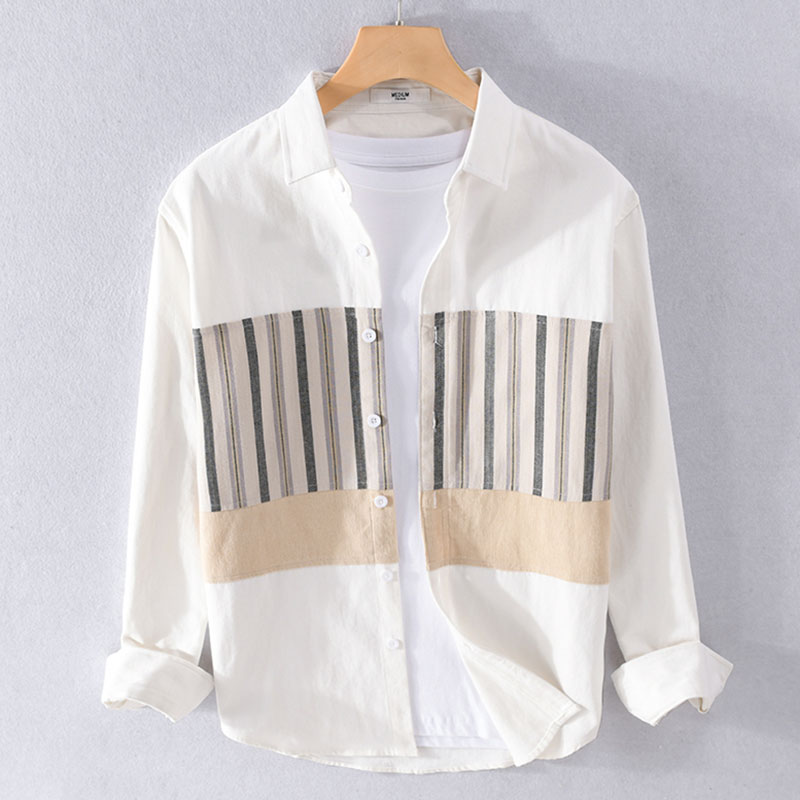 男士条纹拼接长袖衬衫日系宽松春秋季设计感小众上衣纯棉衬衣外套