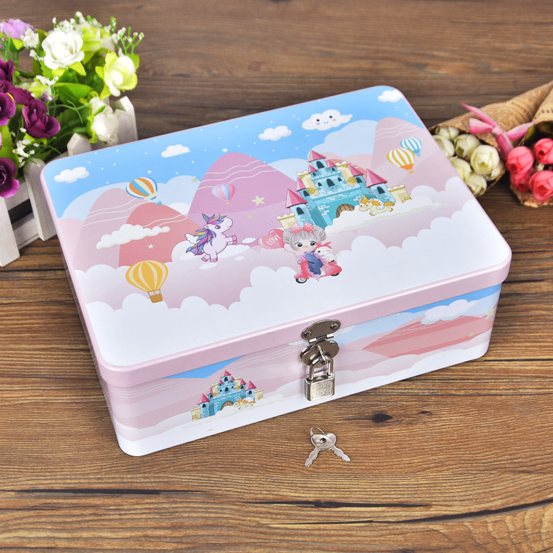 带锁有盖盒桌面密码铁盒子大号秘密盒零钱收纳盒可移动证件储物盒