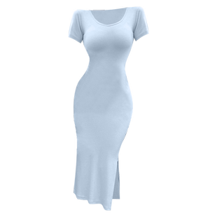 纯色短袖U领开叉收腰弹力修身显瘦中长款气质T恤连衣裙女夏季韩版