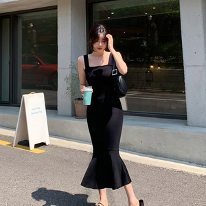 韩版气质收腰显瘦露肩性感背心背带长裙包臀鱼尾吊带打底连衣裙夏