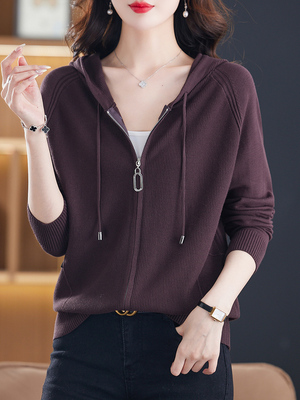 连帽卫衣开衫女春秋薄款针织外套秋装2025年新款休闲宽松带帽上衣