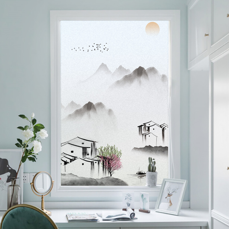 复古风山水风景画装饰背景墙贴办公室客厅卫生间防偷窥磨砂静电贴图片
