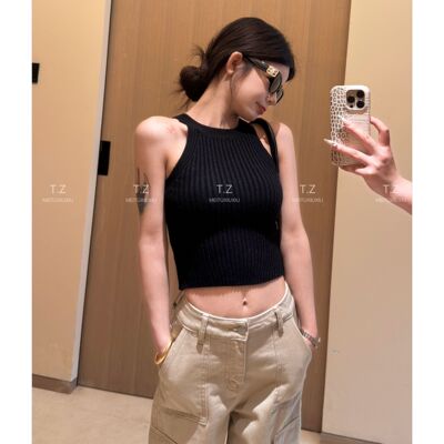 【婷子定制】~150小个子改版春款复古辣妹挂脖修身针织背心CH336