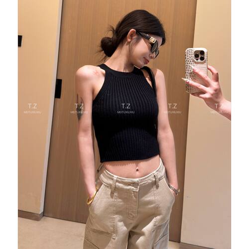【婷子定制】~150小个子改版春款复古辣妹挂脖修身针织背心CH336
