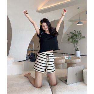 【婷子定制】~150小个子改版夏款韩系休闲百搭条纹抽绳短裤E253