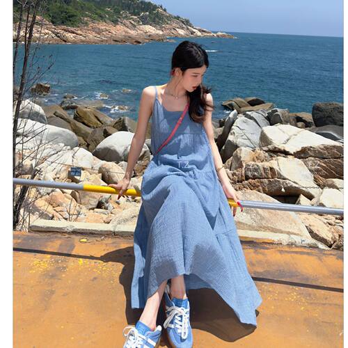 【婷子定制】150小个子夏款海盐味蓝格海边氛围松弛感吊带裙E237