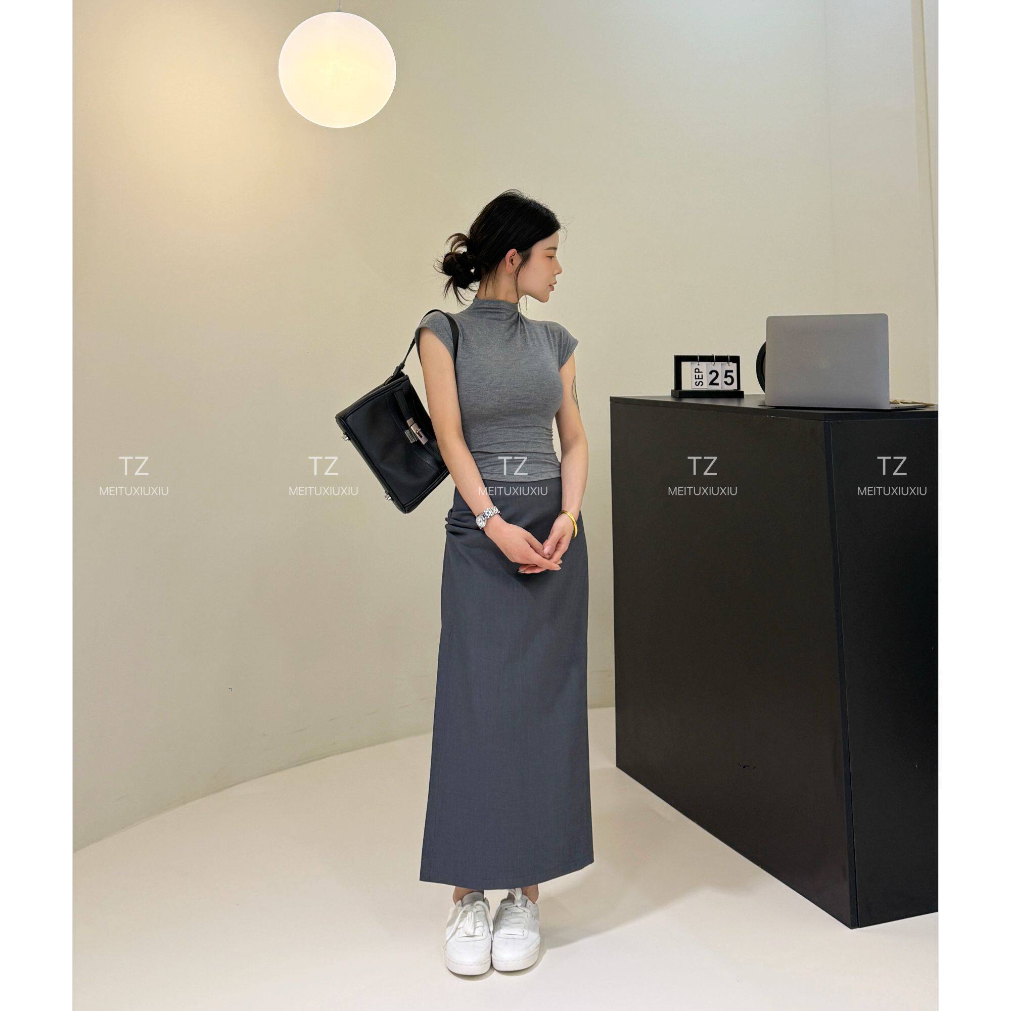 【婷子定制】~150小个子夏款褶皱显瘦百搭开叉西装半裙E18