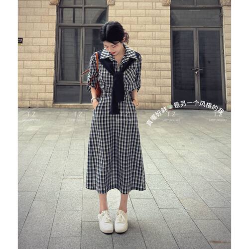 【婷子定制】~150小个子改版春款韩系假两件披肩格纹连衣裙D3106