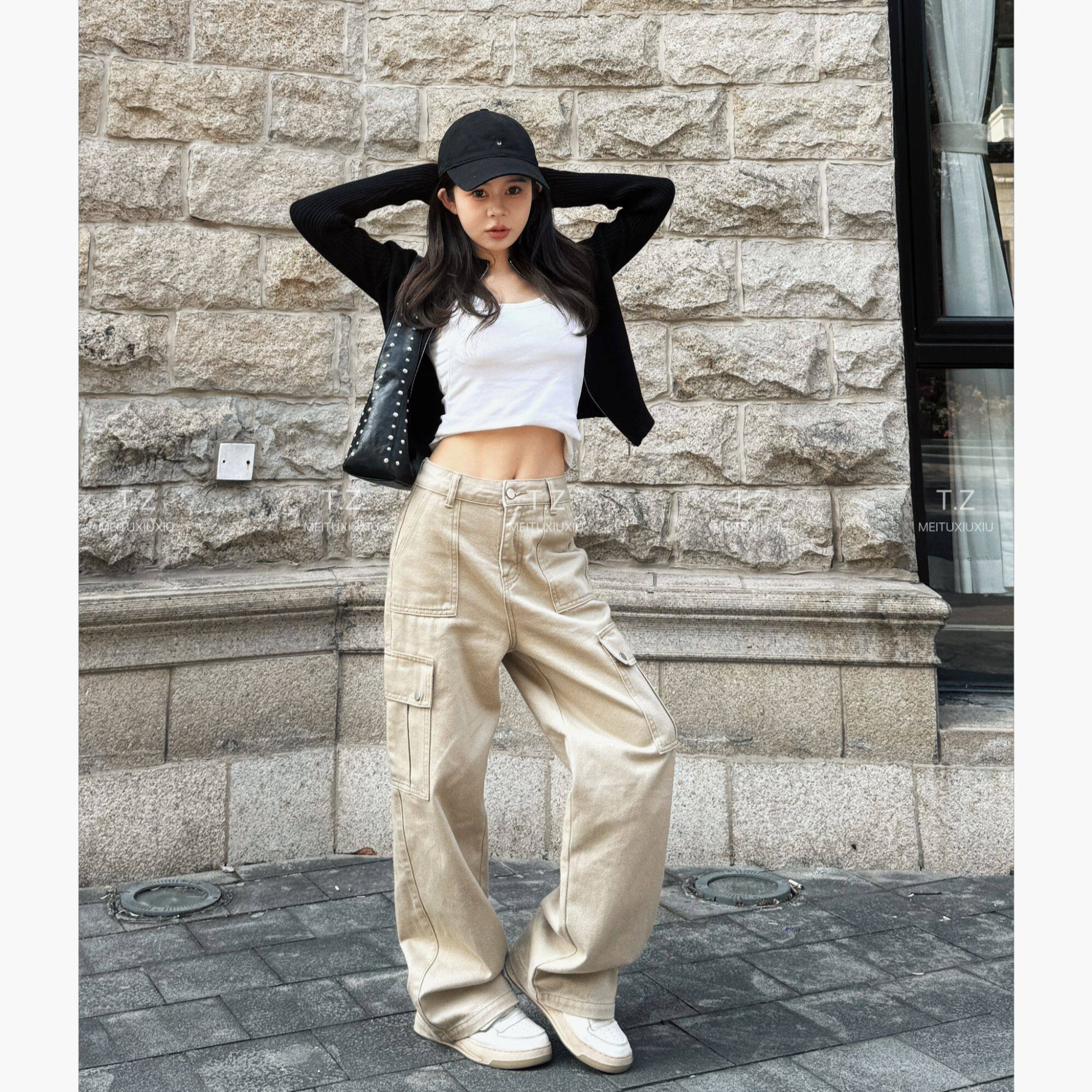 【婷子定制】2026春季新款小个子工装直筒白色牛仔裤女宽松长裤子