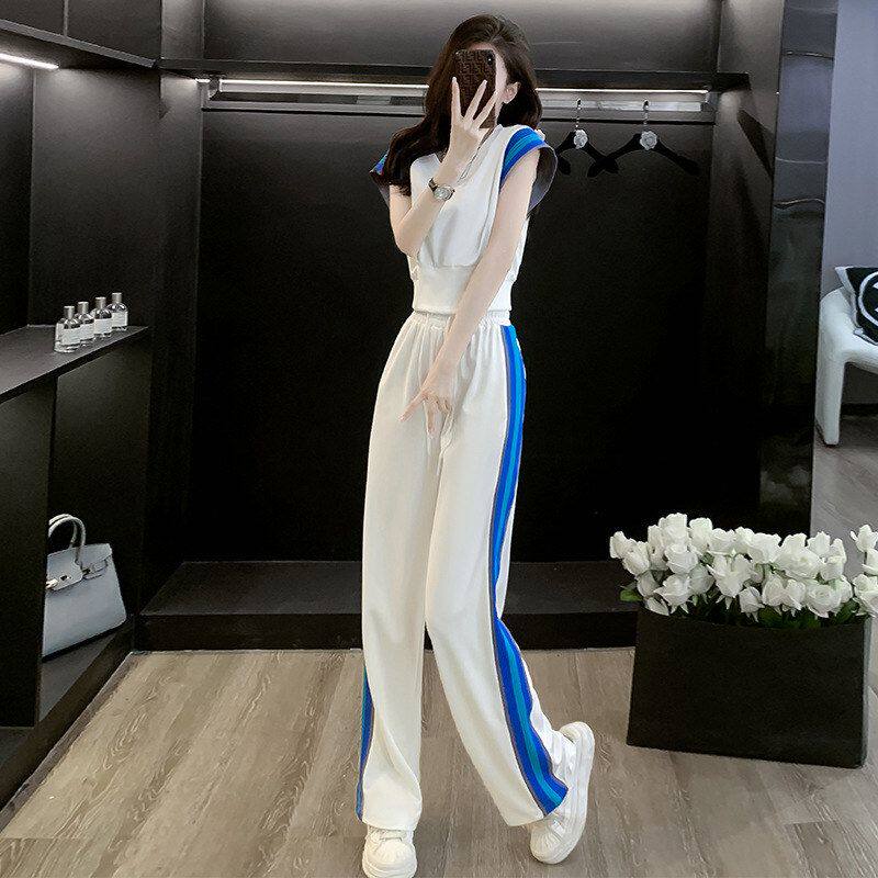 运动休闲套装女夏2026新款时尚减龄撞色圆领无袖上衣阔腿裤两件套