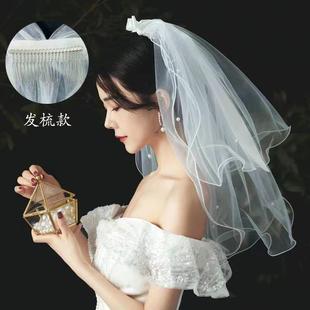 头纱领证新娘主婚纱复古轻求婚登记白色小蝴蝶结短款 轻高级感女童