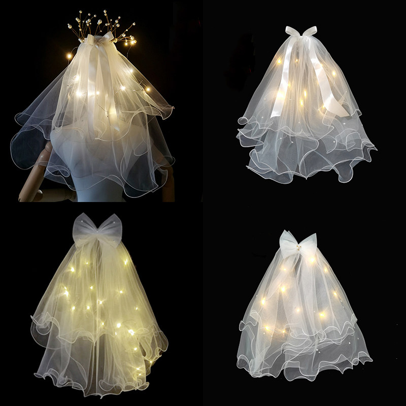 网红发光头纱带灯双层珍珠皇冠头纱丝带蝴蝶结儿童发光头纱头饰