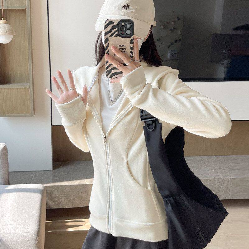 薄款连帽卫衣女夏季薄薄款双面绒修身运动开衫美式摇粒绒外套上衣