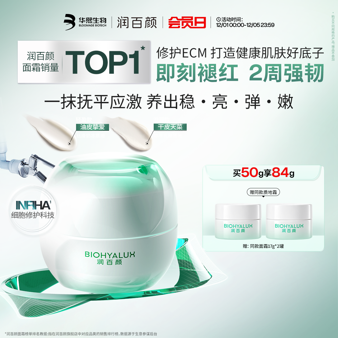 润百颜白纱布面霜修护保湿