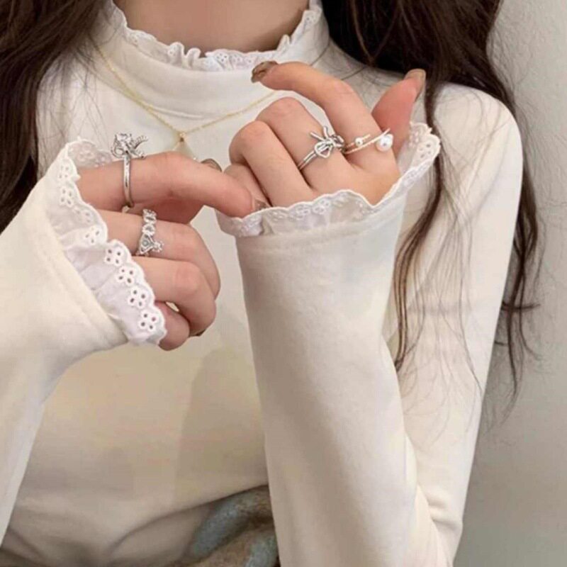 德绒立领花边打底衫女冬季新款时尚内搭长袖T恤保暖修身打底上衣