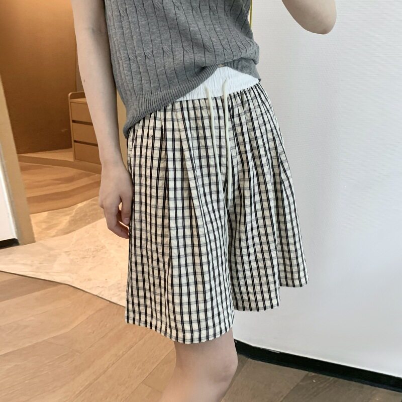 白腰格子条纹短裤女夏季新款高腰显瘦阔腿裤复古宽松小个子五分裤