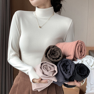 H527宽条纹纯色半高领打底衫 显瘦中领上衣可内搭可外穿 女士修身