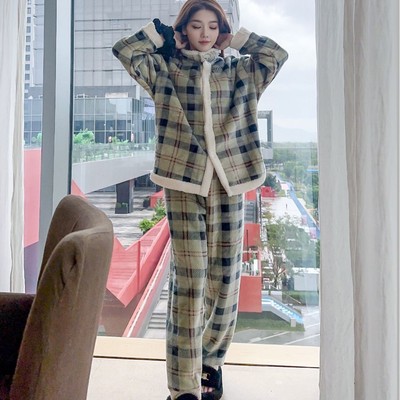 方格羊羔绒家居睡衣女冬季2025新款加绒厚睡衣女生冬家居服可外穿
