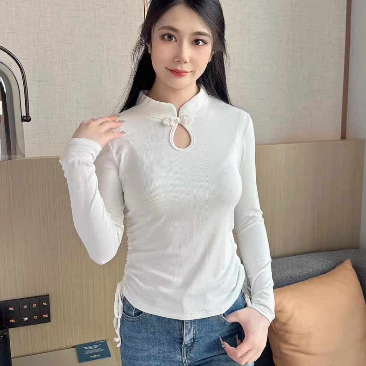 严选曼楷乐国风抽绳打底衫女秋季新中式长袖 T可外穿修身打底上衣