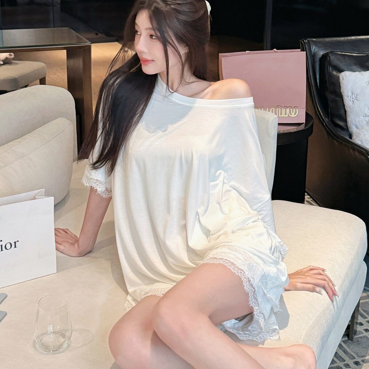 莱赛尔纯欲露肩家居服女夏季新款蕾丝花边性感睡衣薄女士短袖套装