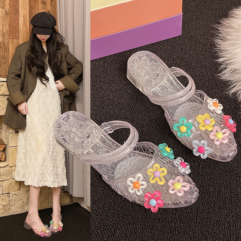 韩版平底鞋女2025夏季凉鞋外穿时尚洞洞鞋 休闲网红水晶鞋鞋