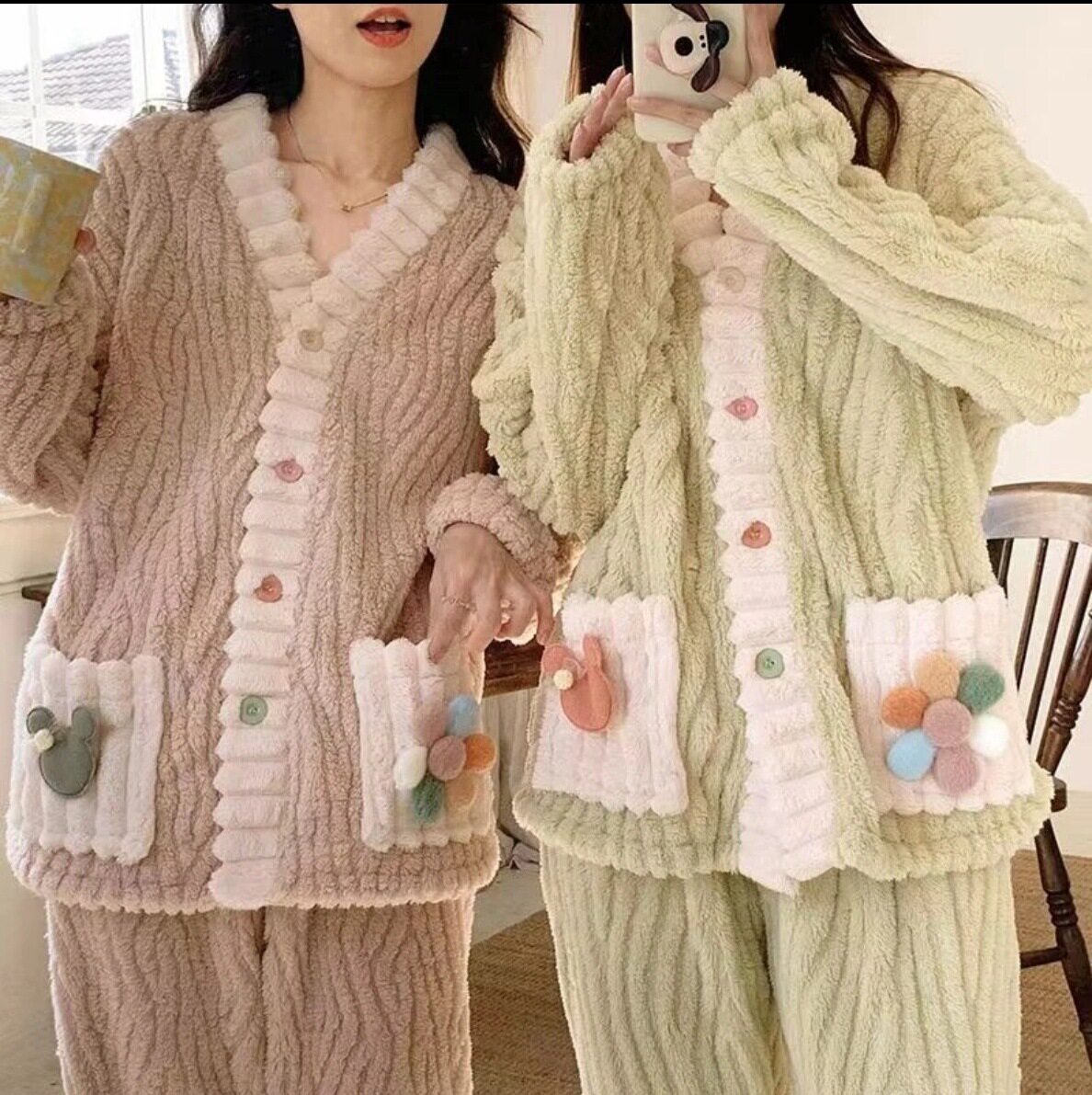 珊瑚绒开衫睡衣女秋冬新款加绒加厚保暖套装可外穿大码开衫家居服