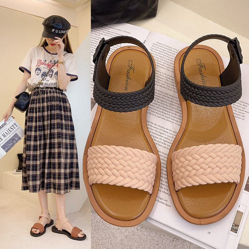 2022春夏季新款女式凉鞋 扣带一字型平底鞋女 休闲学生凉鞋沙滩鞋