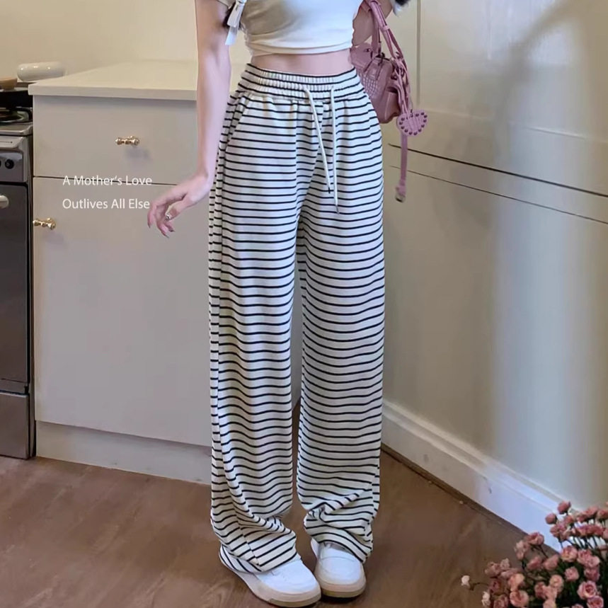 黑白条纹垂感休闲裤女春季直筒长裤慵懒风松紧腰宽松阔腿遛弯裤子