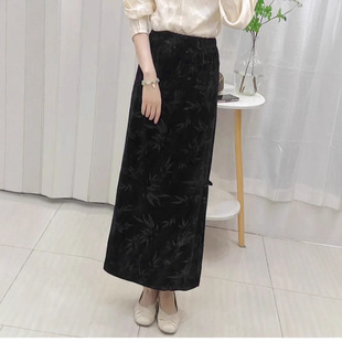 新中式提花半身裙女秋冬新款大码显瘦印花黑色裙子竹叶国风A字裙