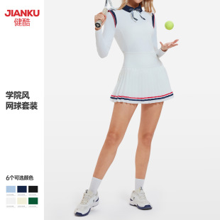 春季新款学院风羽毛球套装女翻领拉链健身上衣户外裸感运动网球服