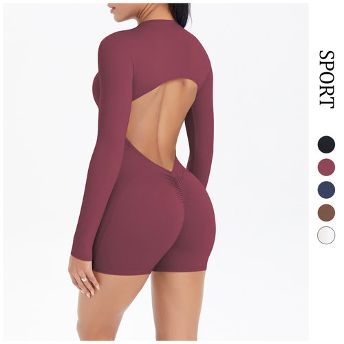 欧美镂空美背半开拉链连体服蜜桃提臀运动健身裸感速干连体瑜伽服