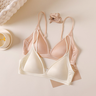 无钢圈文胸罩夏 深V领细肩带薄款 日系牛奶缎 无痕小胸内衣女士法式