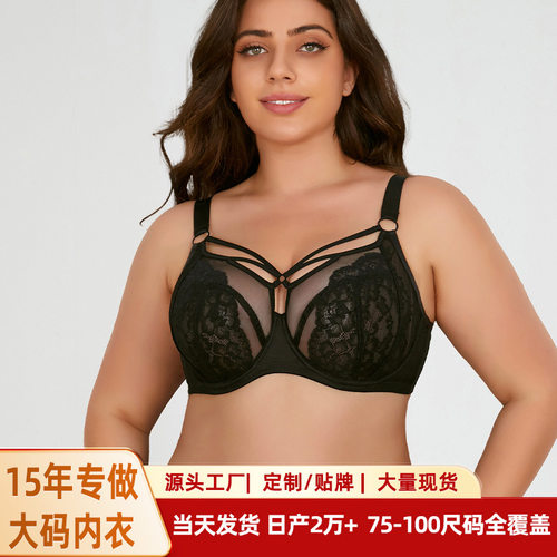 跨境大码内衣女大胸显小蕾丝防下垂聚拢透气薄款全罩杯胖MM文胸