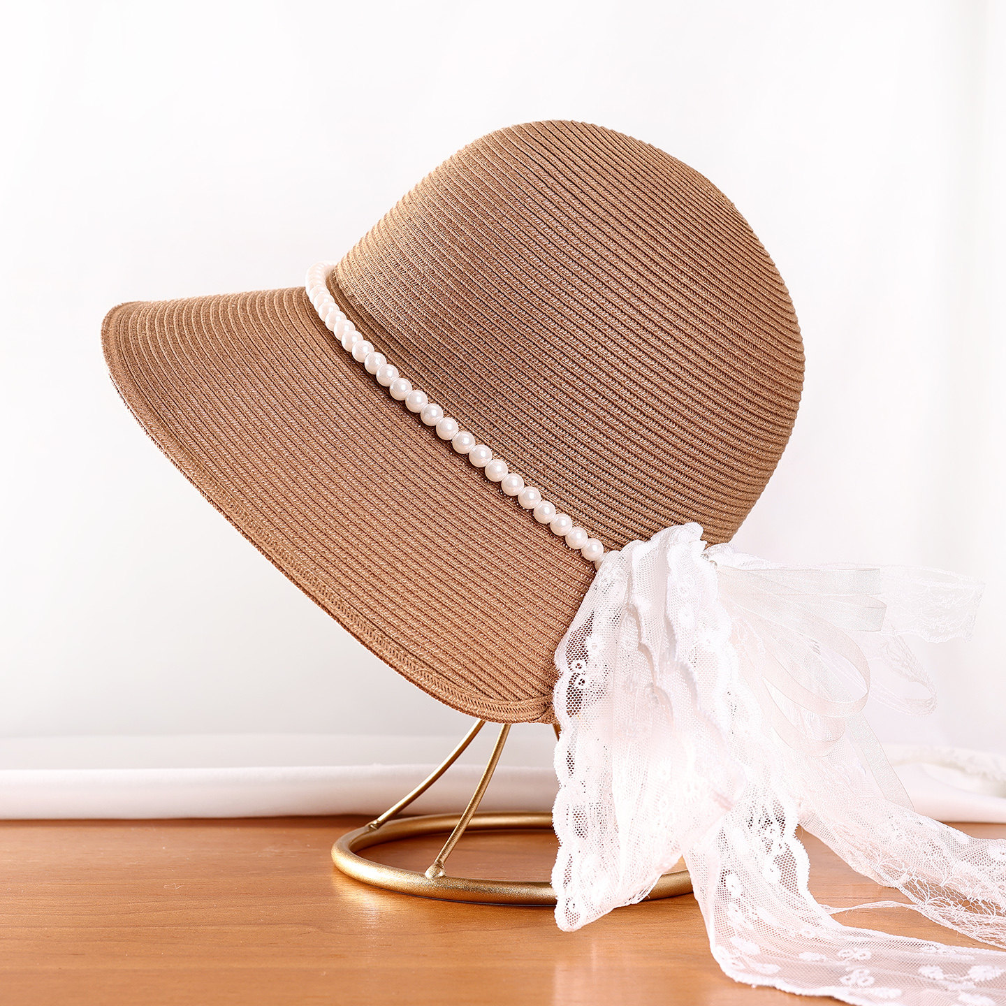 小香风蕾丝蝴蝶结遮阳帽女夏甜美可爱珍珠可折叠出游防晒大檐草帽