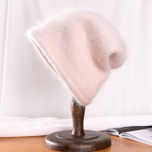 安哥拉兔毛帽子女秋冬百搭毛绒保暖护耳针织帽显脸小毛线帽堆堆帽